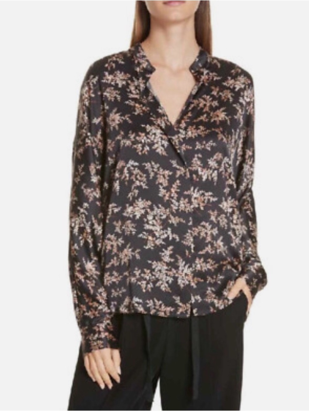 Vince Silk Black Floral V-Neck Long-Sleeve Blouse
